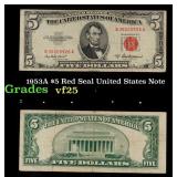 1953A $5 Red Seal United States Note Grades vf+