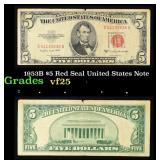 1953B $5 Red Seal United States Note Grades vf+