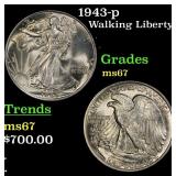 1943-p Walking Liberty Half Dollar 50c Grades GEM+