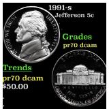 1991-s Proof Jefferson Nickel 5c pr70 dcam SEGS
