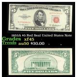 1953A $5 Red Seal United States Note Grades xf+