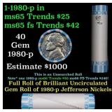 BU Shotgun Jefferson 5c roll, 1980-p 40 pcs Bank $