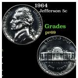 1964 Proof Jefferson Nickel 5c Grades GEM++ Proof