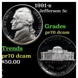 1991-s Proof Jefferson Nickel 5c pr70 dcam SEGS