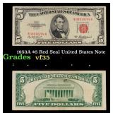 1953A $5 Red Seal United States Note Grades vf++