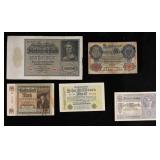 Group of 5 German Banknotes, From Imperial to WWI