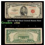 1953 $5 Red Seal United States Note Grades vf++