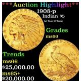 *Highlight* 1908-p Gold Indian Half Eagle $5 GEM+