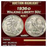 IE 1936-d Walking Liberty Half Dollar 50c ms66+ SE