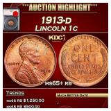 YO 1913-d Lincoln Cent 1c ms65+ rb SEGS