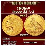 IE 1909-p Gold Indian Quarter Eagle $2 1/2 ms64+ S