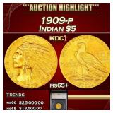 YC 1909-p Gold Indian Half Eagle $5 ms65+ SEGS