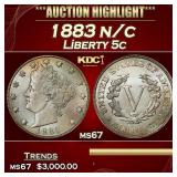 IO 1883 n/c Liberty Nickel 5c ms67 SEGS