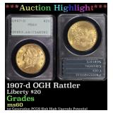 PCGS 1907-d Gold Liberty Double Eagle OGH Rattler