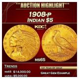IE 1908-p Gold Indian Half Eagle $5 ms65 USCG