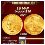 YO 1914-p Gold Indian Eagle $10 ms65+ SEGS