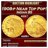 IE 1908-p Gold Indian Half Eagle Near Top Pop! $5