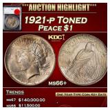 YO 1921-p Peace Dollar Toned $1 ms66+ SEGS