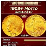 IO 1908-p Motto Gold Indian Eagle $10 ms64+ SEGS