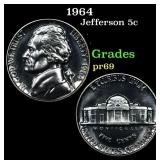 1964 Proof Jefferson Nickel 5c Grades GEM++ Proof