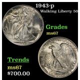1943-p Walking Liberty Half Dollar 50c Grades GEM+