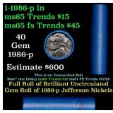 BU Shotgun Jefferson 5c roll, 1986-d 40 pcs Bank $