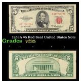 1953A $5 Red Seal United States Note Grades vf++
