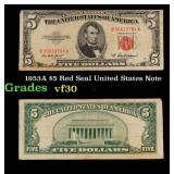 1953A $5 Red Seal United States Note Grades vf++