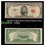 1953B $5 Red Seal United States Note Grades vf+