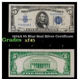 1934A $5 Blue Seal Silver Certificate Grades xf+