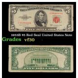 1953B $5 Red Seal United States Note Grades vf++