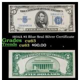 1934A $5 Blue Seal Silver Certificate Grades Selec