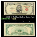 1953C $5 Red Seal United States Note Grades vf+