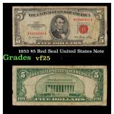 1953 $5 Red Seal United States Note Grades vf+