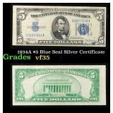 1934A $5 Blue Seal Silver Certificate Grades vf++