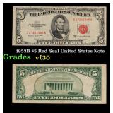 1953B $5 Red Seal United States Note Grades vf++