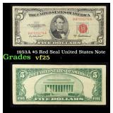 1953A $5 Red Seal United States Note Grades vf+