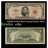 1953B $5 Red Seal United States Note Grades vf++