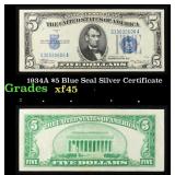 1934A $5 Blue Seal Silver Certificate Grades xf+