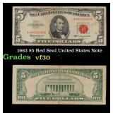 1963 $5 Red Seal United States Note Grades vf++