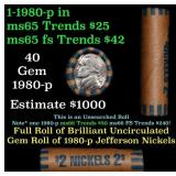 BU Shotgun Jefferson 5c roll, 1980-p 40 pcs Bank $