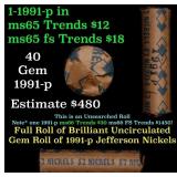 BU Shotgun Jefferson 5c roll, 1991-p 40 pcs Bank $