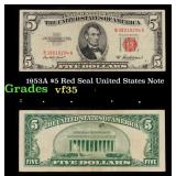 1953A $5 Red Seal United States Note Grades vf++