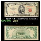 1953A $5 Red Seal United States Note Grades vf++