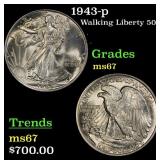 1943-p Walking Liberty Half Dollar 50c Grades GEM+