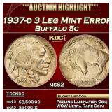 1937-d 3 Leg Buffalo Nickel Mint Error 5c ms62 SEG