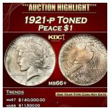 YO 1921-p Peace Dollar Toned $1 ms66+ SEGS