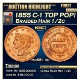 1855 Braided Hair Half Cent C-1 TOP POP! 1/2c ms66