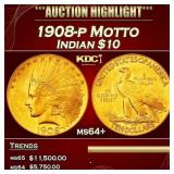 IO 1908-p Motto Gold Indian Eagle $10 ms64+ SEGS