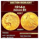 IS 1914-d Gold Indian Half Eagle $5 ms64+ USCG